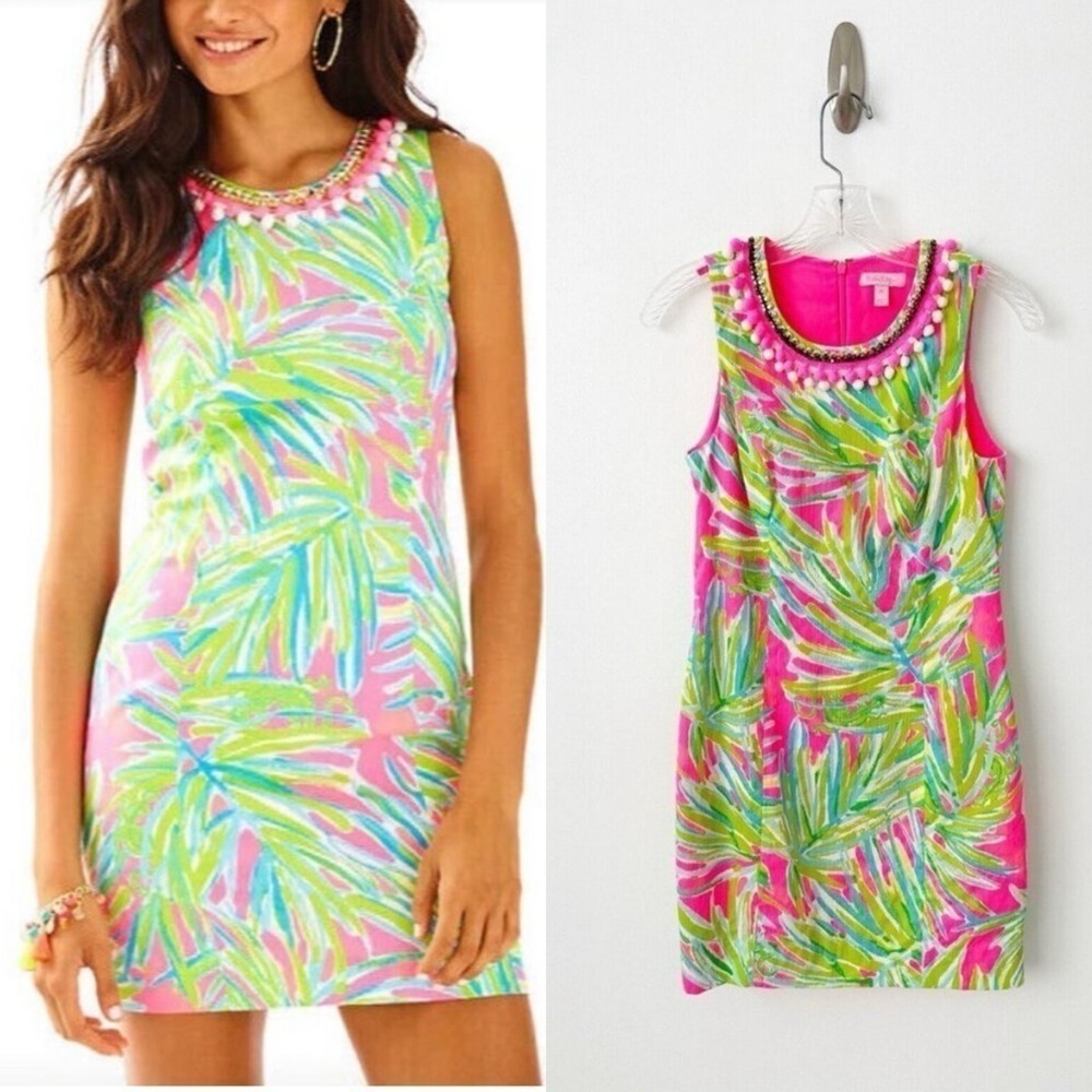 Lilly Pulitzer Mila Tiki Pink Shift Dress 00 100% Cotton Pom Pom Floral